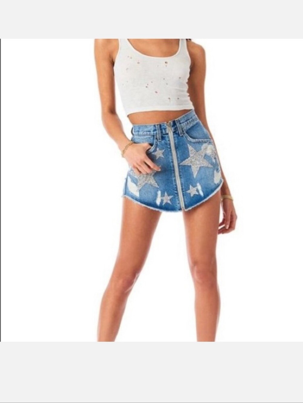 Carmar Beatrice Star Stud Zip front Denim Skirt New! 29